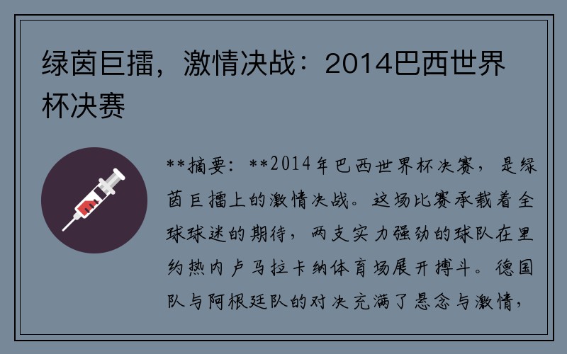 绿茵巨擂，激情决战：2014巴西世界杯决赛
